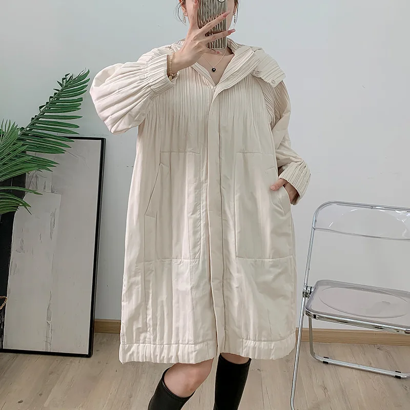 Fashion Pleated Long Women's Jacket 2024 Autumn and Winter Models Loose Plus Size Leisure Solid Slim Hooded Warm Cotton Jacket