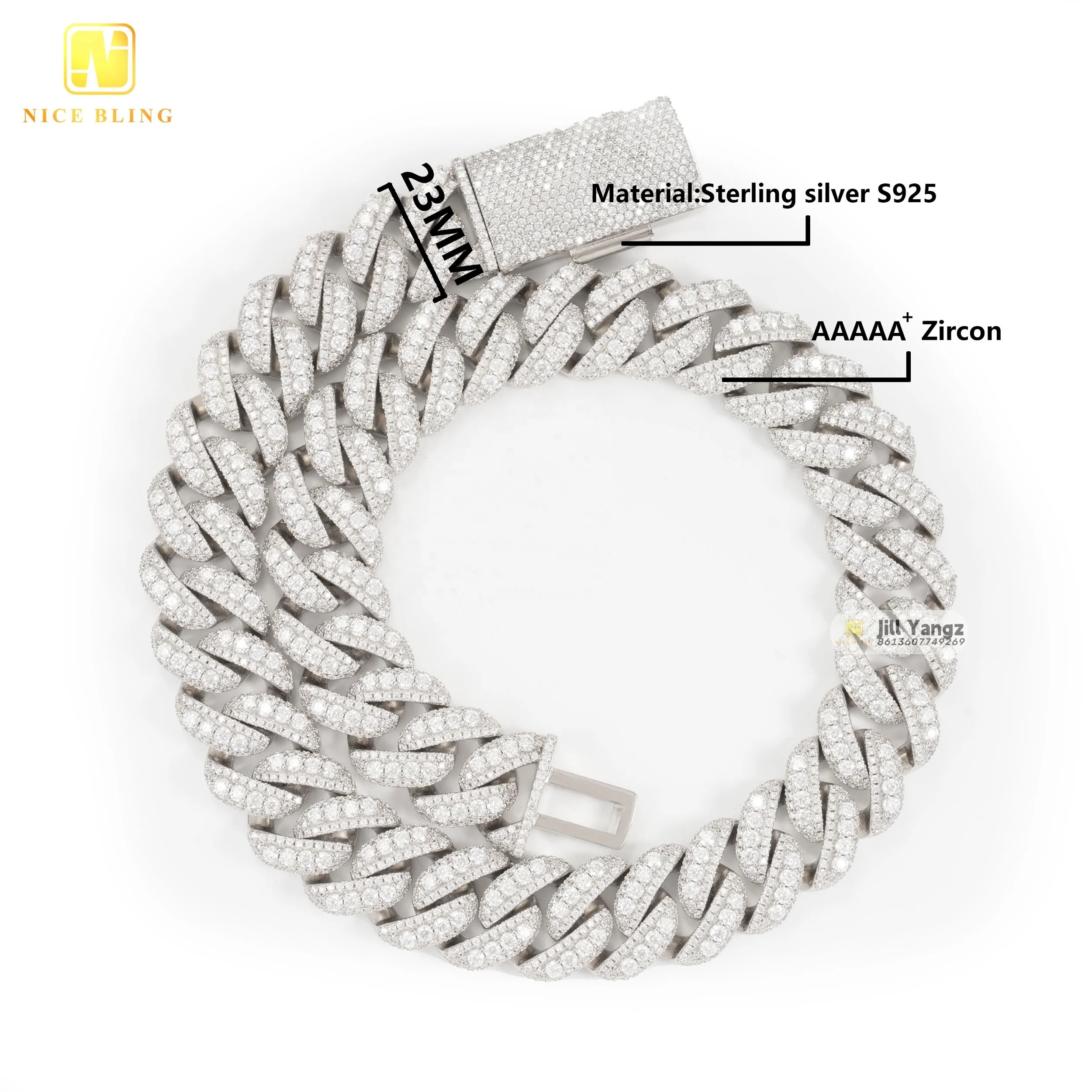 Wholesale 23mm Chunky Chain Gold Plated Sterling Silver Cuban Link Chain Cubic Zirconia Necklace Men Cadenas Heavy Hip Hop Rock