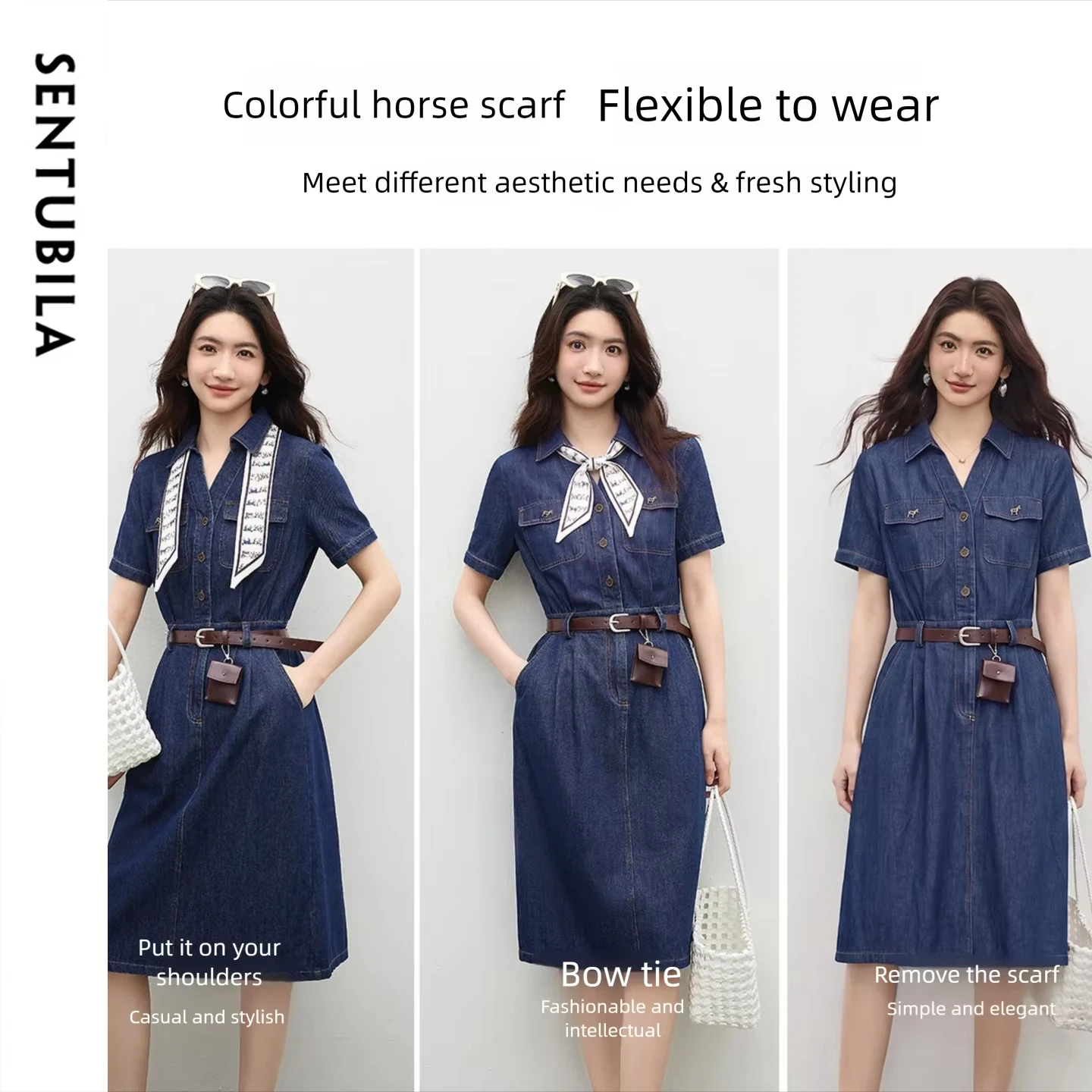 SENTUBILA Women Korean Denim Midi Dress 2026 Summer Half Button Front Denim Cotton Slim Fit with Detachable Scarf Belt W62LH7394