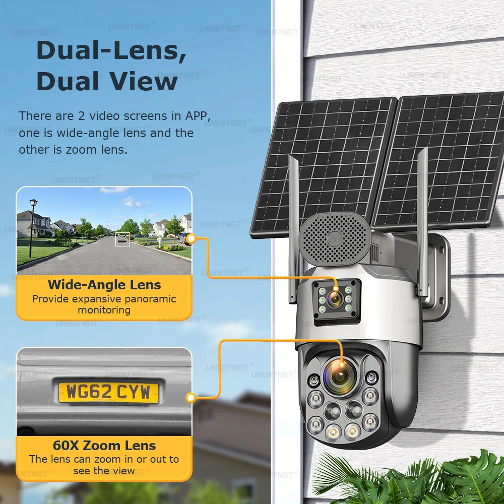 4G Solar Outdoor Surveillance Cameras for 4G Sim Card 60X Optical Zoom 7/24 Recording Human Auto Tracking/ZOOM PTZ Security Cam