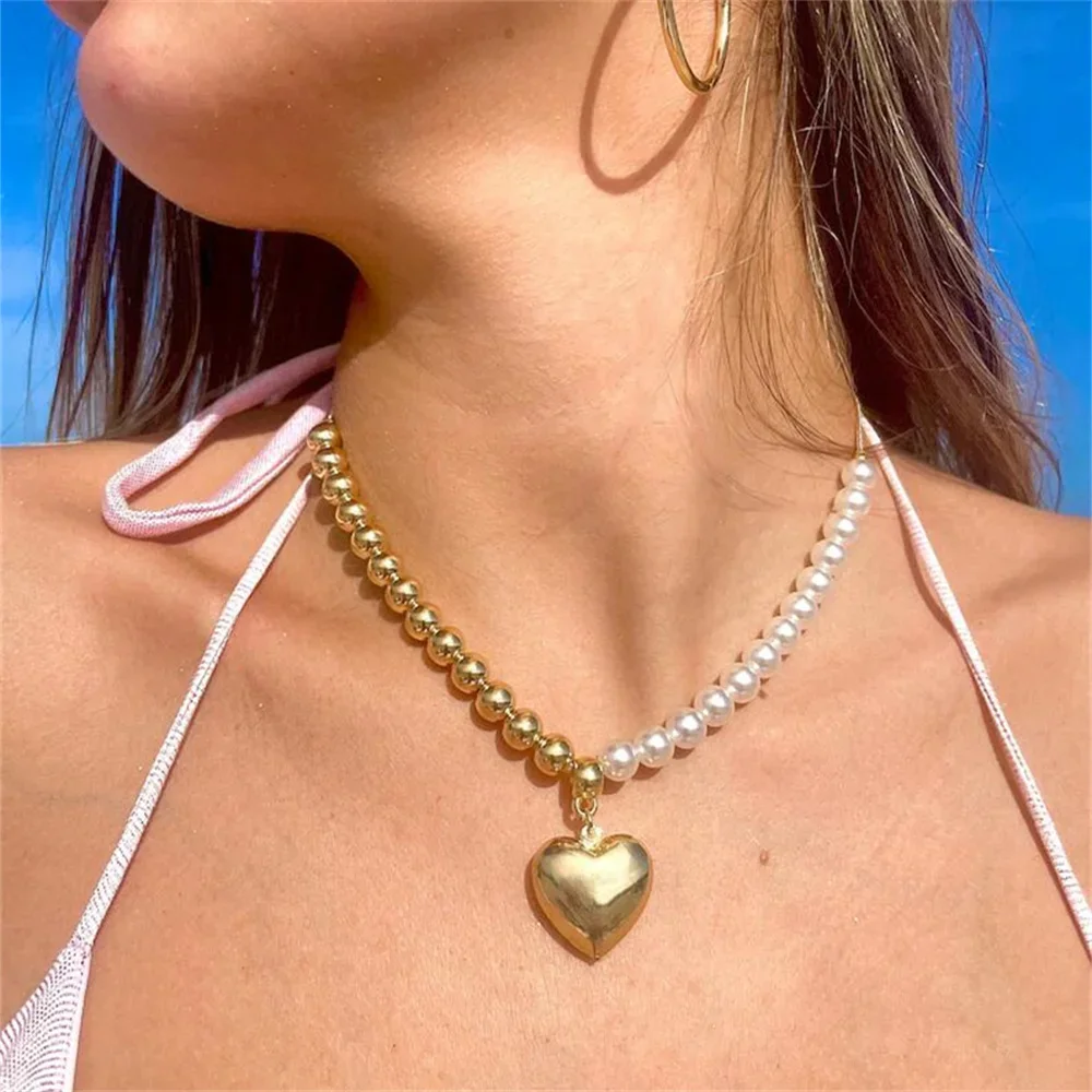 Fashion Gold Plated Beads Imitation Pearl Chain Necklace For Women Vintage Female Punk Hip-Hop Large Metal Heart Pendant Jewelry