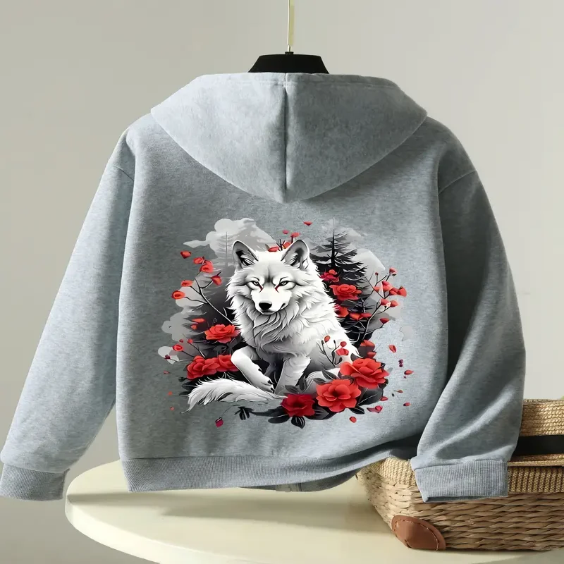 

Элегантная повседневная женская толстовка с капюшоном с принтом волка на спине, модная направленная конструкция, осенне-зимняя сезонная одежда