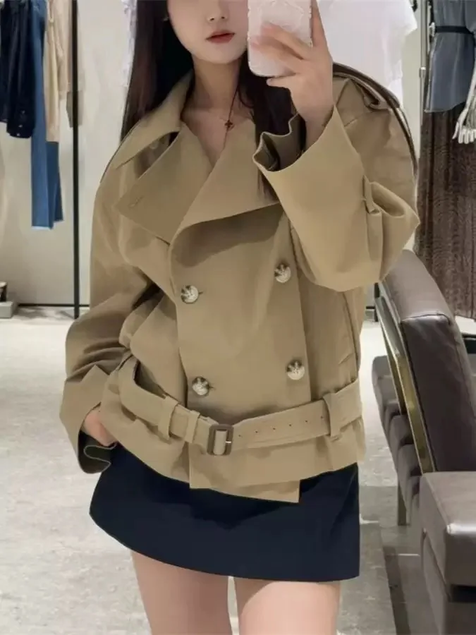 

Свободное пригородное пальто в стиле ретро, двухрядное пальто на пуговицах цвета хаки, классическая верхняя одежда ранней осени для маленьких фигурок