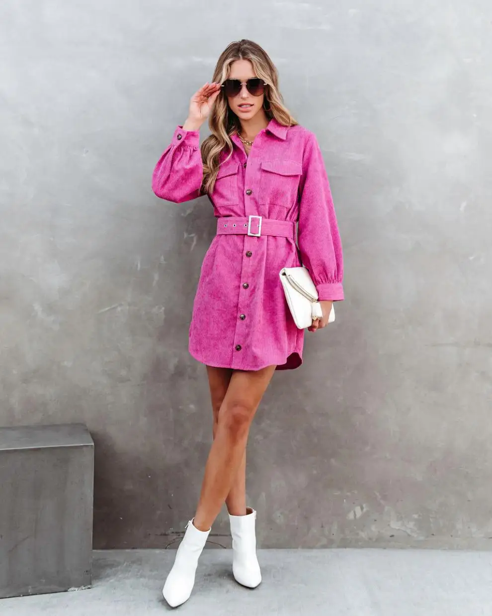 

Solid Color Corduroy 2025 Mini Shirt Dresses Spring Autumn Women Fashion Single-breasted Belt A-line Dress Elegant Lady Vestidos