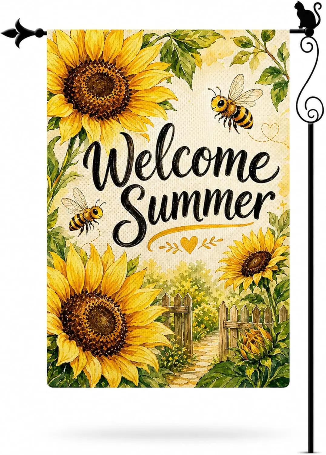 Welcome Summer Sunflower Bee Garden Flag, Double Sided 12 x 18 Inch Burlap Outdoor Yard Flag for Porch Patio Lawn Decor PPZ
