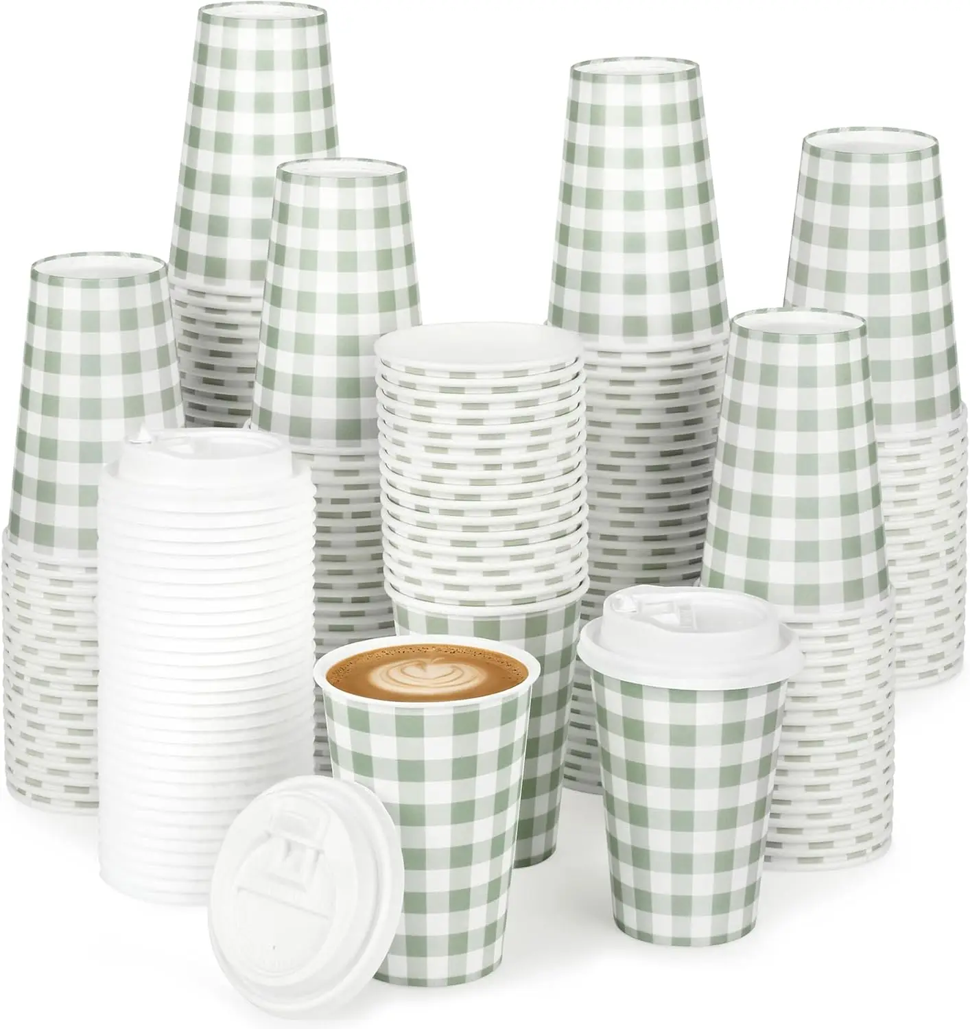 

100 PACK 12OZ Gingham Disposable Coffee Cups with Lids, Sage Green Disposable Plaid To Go Paper Coffee Cups Sage Green C