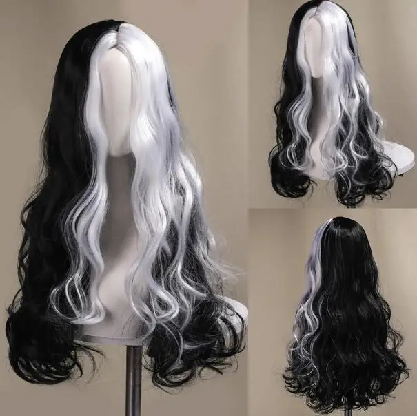 

28 inch long rolled witch black and white synthetic wig, used for holiday parties and Halloween role-playing