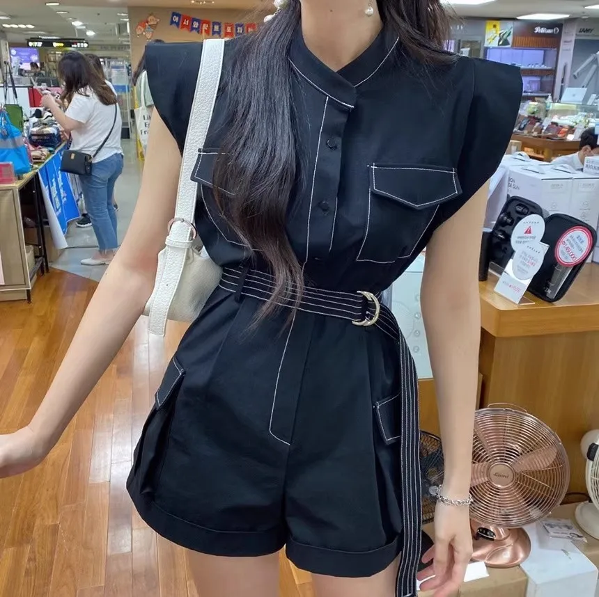 2024 Summer Sleeveless Jumpsuits Women Pocket Belt High Waist Wide Leg Shorts Fashion Rompers Loose Casual Jumpsuit Female