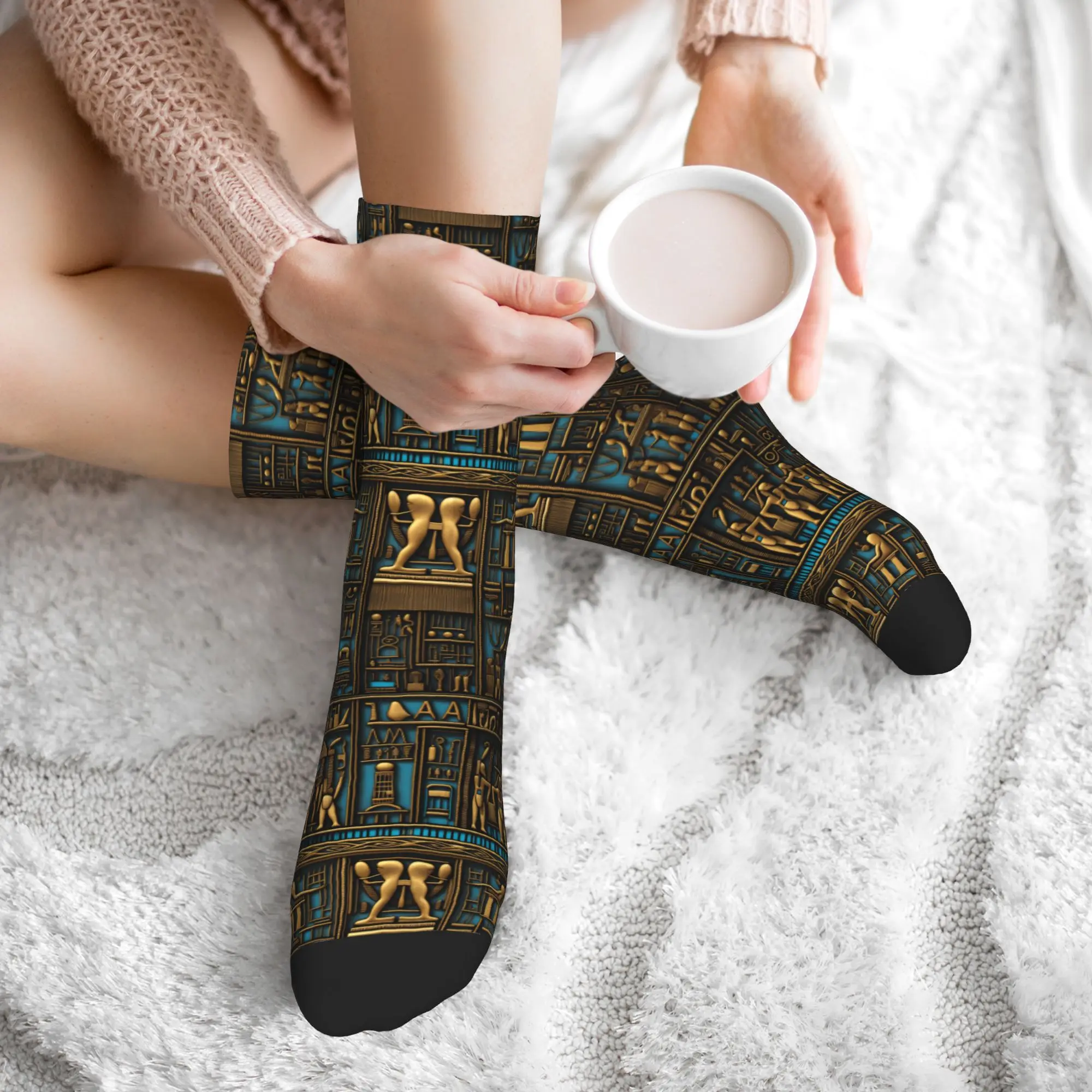 Funny Men's Egyptian Hieroglyphs Art Pattern Dress Socks Unisex Warm Breathbale 3D Printed  Crew Socks view 6