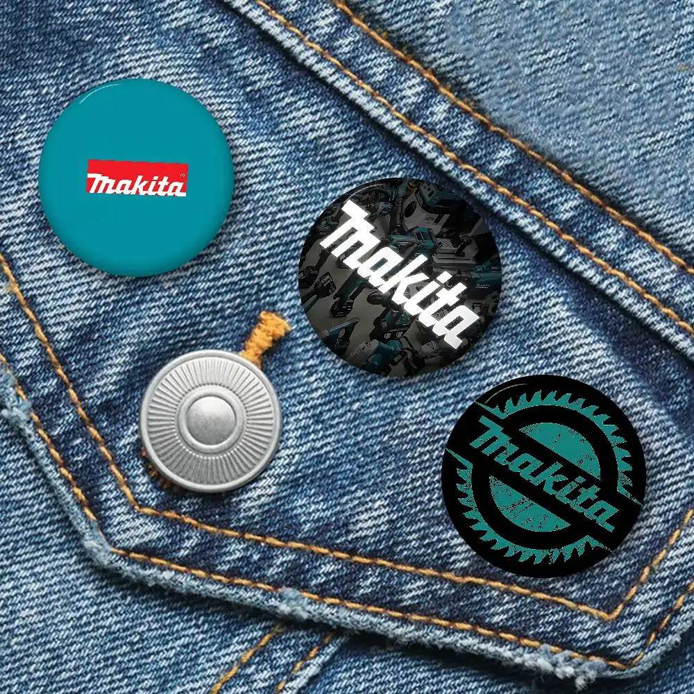 M-Makitas Tool Logo 32/44/58mm Handmade Pin Round Funny Snap-in Brooches for Backpack Cothes Accessories Badge Hat Decoration