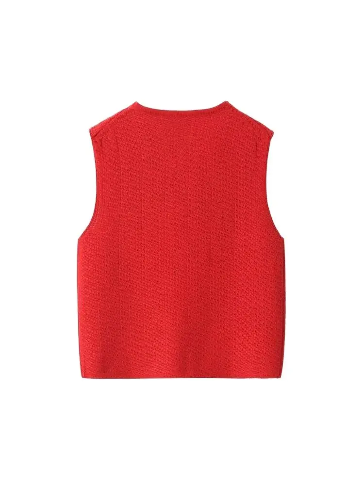 Damska dzianinowa kamizelka z wiązaniem, dekolt okrągły, sweter bez rękawów, damska kamizelka, eleganckie topy, moda