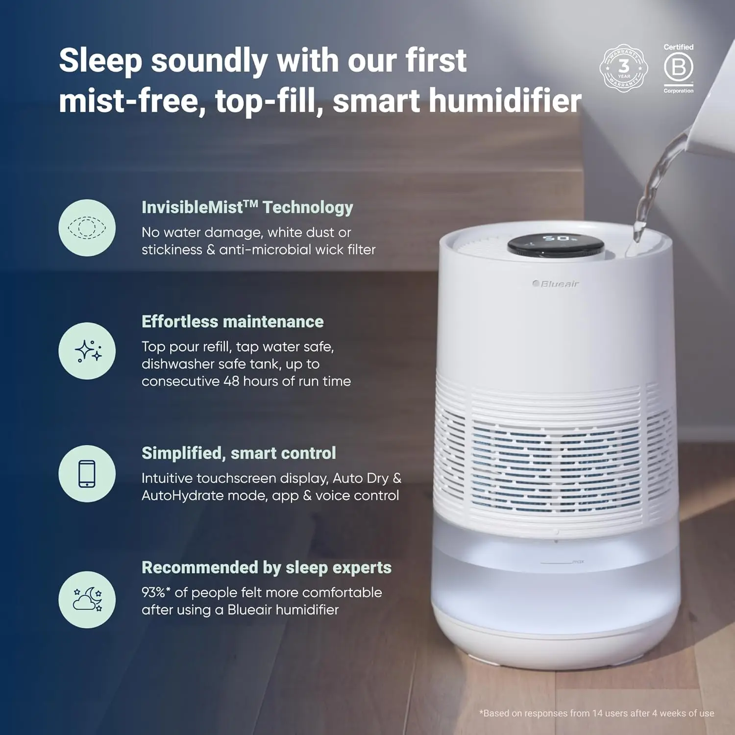 Premium Smart Humidifier: 3.5L Dishwasher Safe Tank for Large Room, Better Sleep with Evaporative Tech, Auto & Night Mod