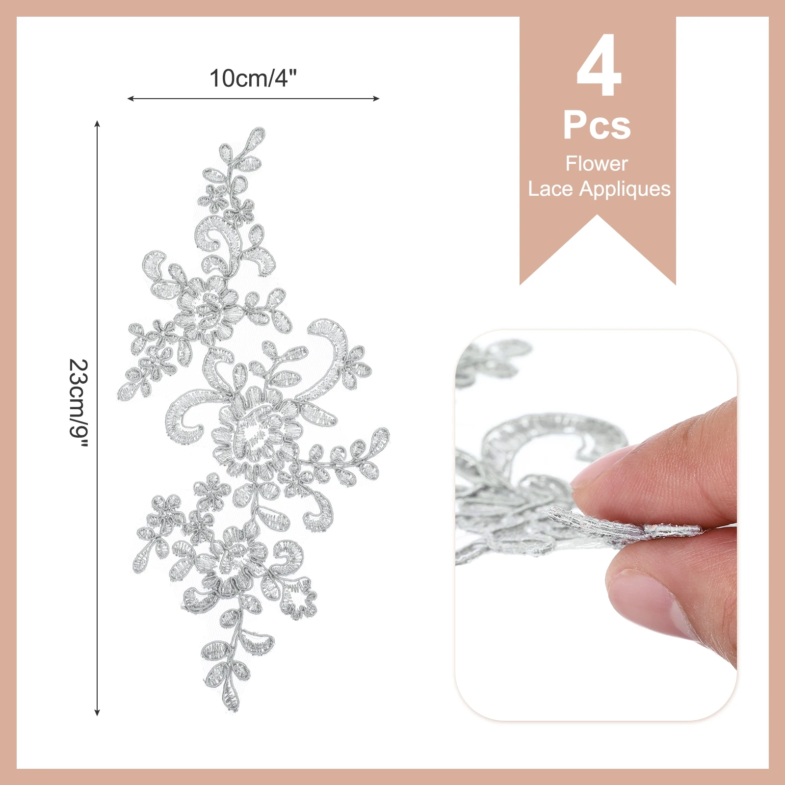 23x10 cm Flower Lace Appliques 3D Embroidery Lace Patch Sewing Addition Embellishments for Wedding Bridal Dress DIY Decor 4Pcs