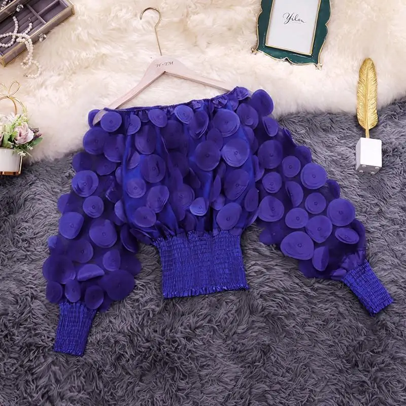 

Spring Faion One-oulder Bubble-Sve Women's irt Slimming ort Waist Design Floral 3D Embelliment Sli Trendy Top