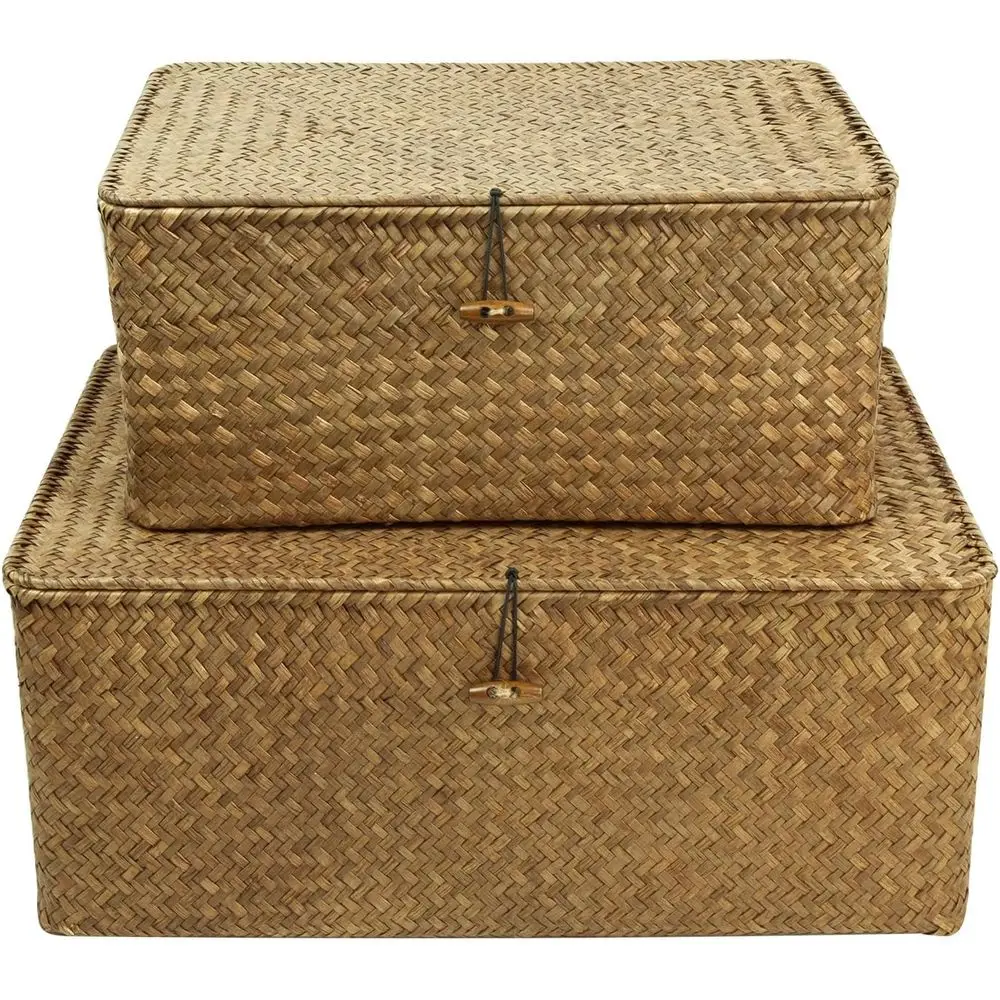 

Корзины для хранения с крышкой, набор из 2 плетеных корзин, декоративные коробки из морской травы, корзина для хранения, кофе, размер Large+XXL