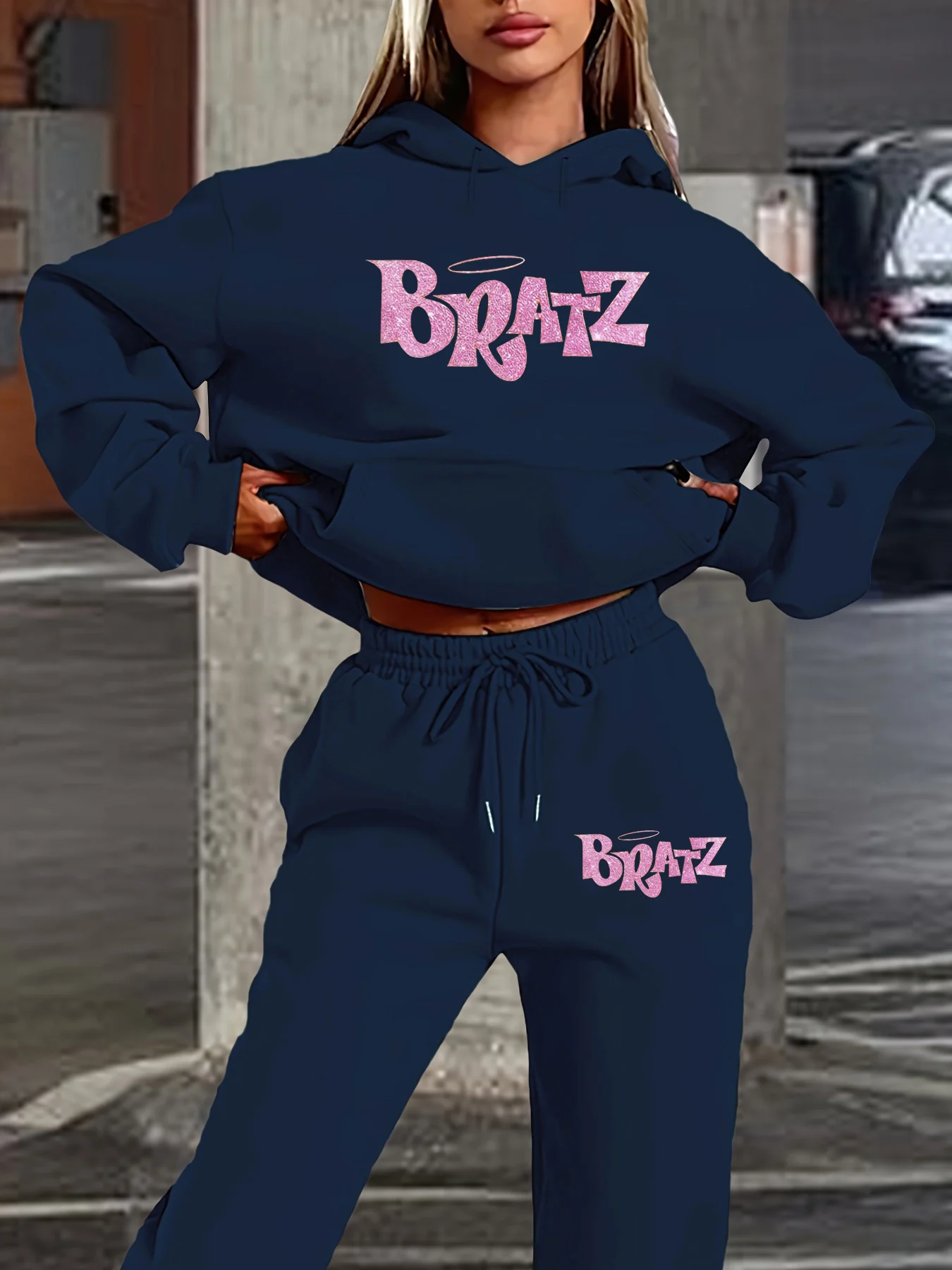 Conjunto de moletom feminino + calças esportivas hip hop street casual brtz carta padrão impresso solto outono/inverno roupas quentes