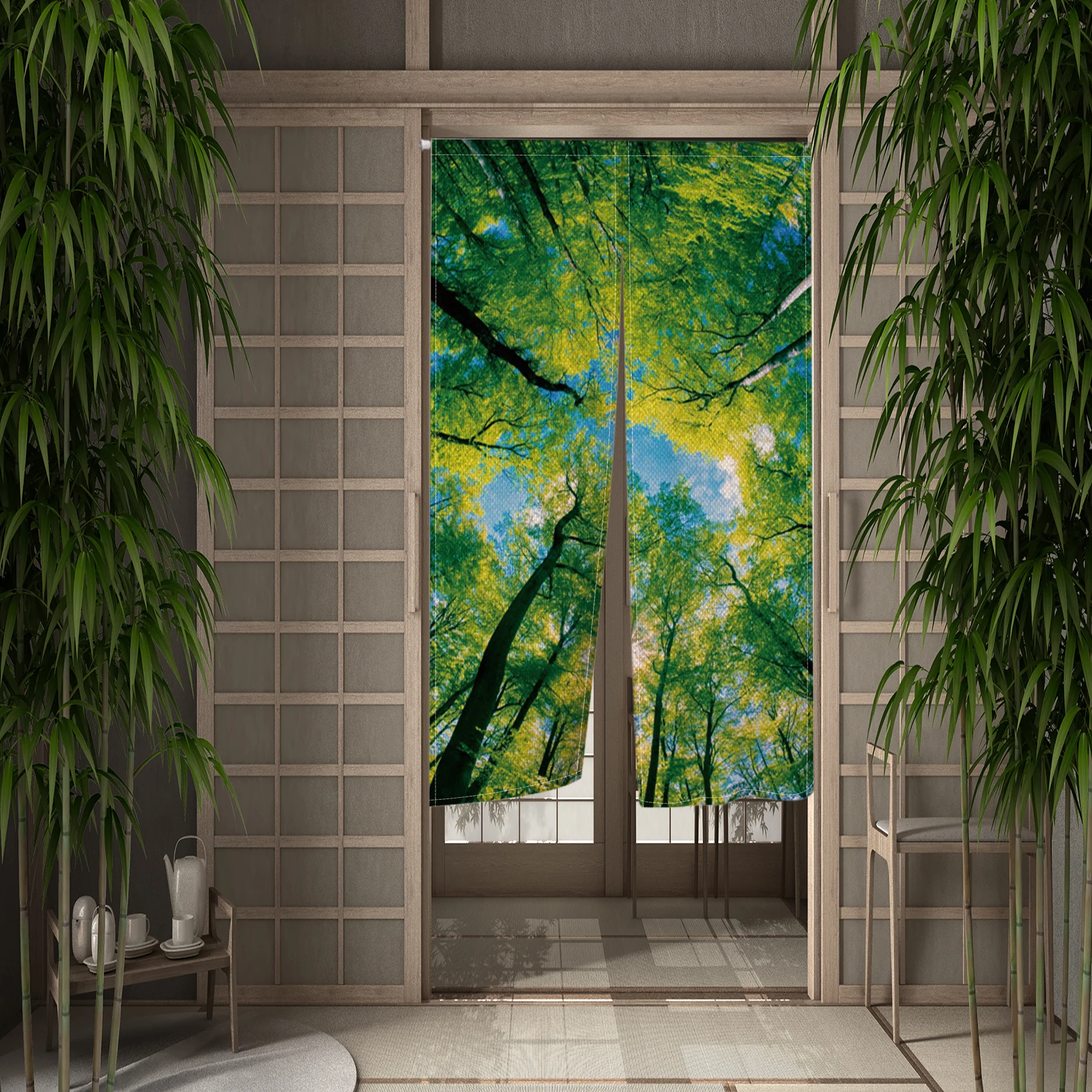 Green Plant Door Curtain Natural Forest Sunlight Bedroom Living Room Kitchen Partition Two Piece Door Curtain Modern Decoration