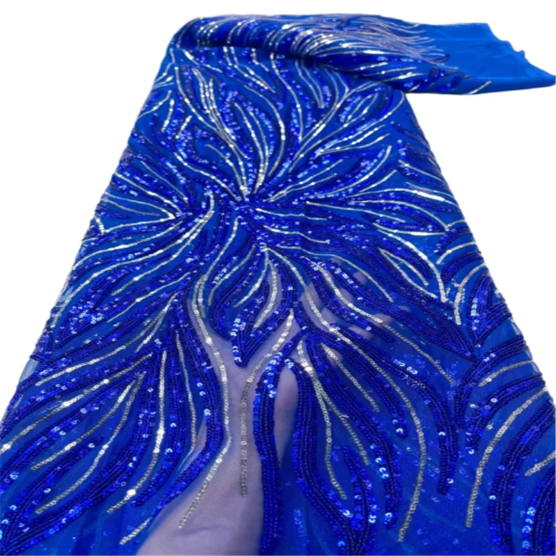 

Royalblue African Lace Fabric 5 Yards With Sequins High Quality 2023 French Tulle Embroidery Mesh Material For Nigerian Robe