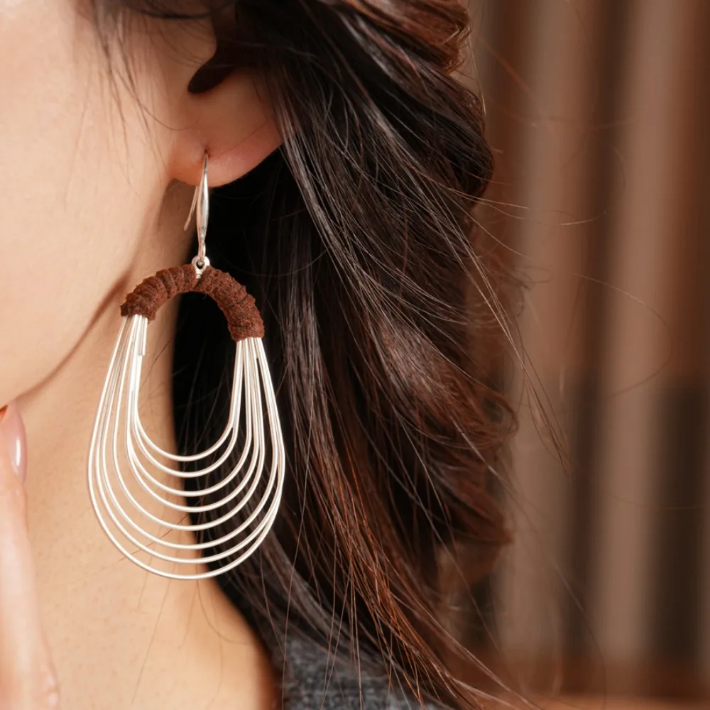 Bohemian Trendy Silver Tone Multi Layer Oval Hollow Wrapped Thread Dangle Earrings for Women Ethnic City Stroll Outing Jewelry