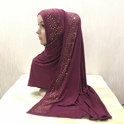 H099 high quality soft jersey scarf with stones pull on modal headscarf women's hijab islamic female shawl headwrap