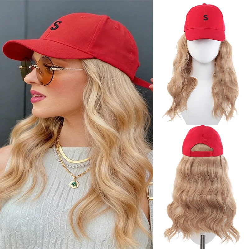 Boné Vermelho com Cabelo Loiro Ondulado, Fibra Sintética, Pronto para Usar, Perfeito para o Dia a Dia, Praia e Estilo de Verão