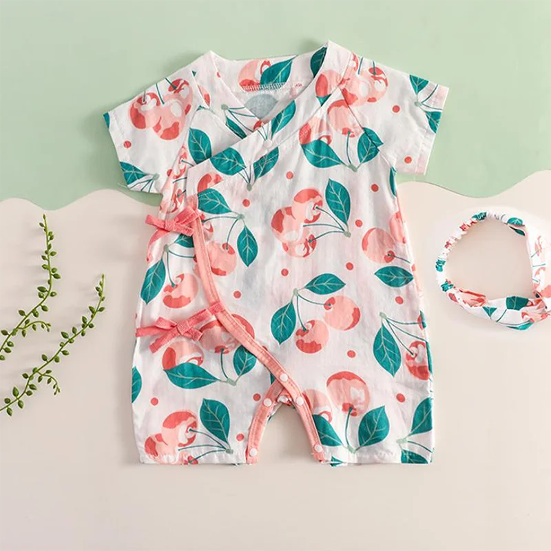 Baby Girls Boys Romper Cherry/Avocado/Watermelon Print V-Neck Short Sleeve Jumpsuits Summer Casual Bodysuits Clothes