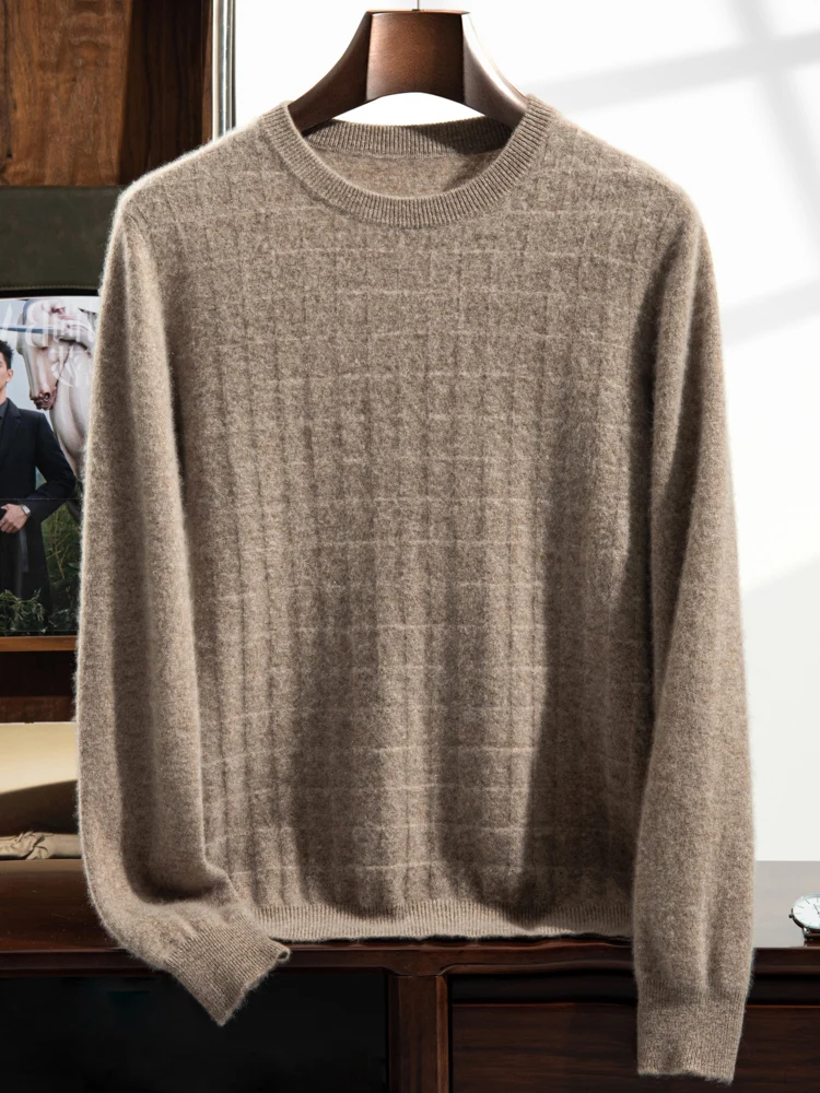 سترة رجالية من الكشمير برقبة دائرية ، بلوفر منسوج ، جاكار غير رسمي ، قميص مربع القاعدة ، ملابس فضفاضة عالية الجودة ، نقي ، خريف