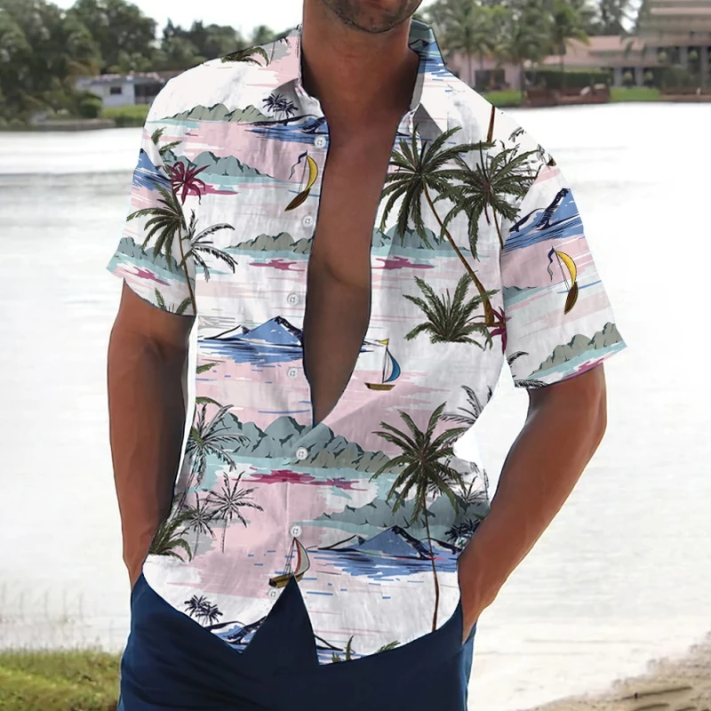 2024 Retro Men\'s Shirt Coconut Tree Print Short Sleeve Shirts Beach Casual Man Clothing Loose Oversized Hawaiian Shirts For Men