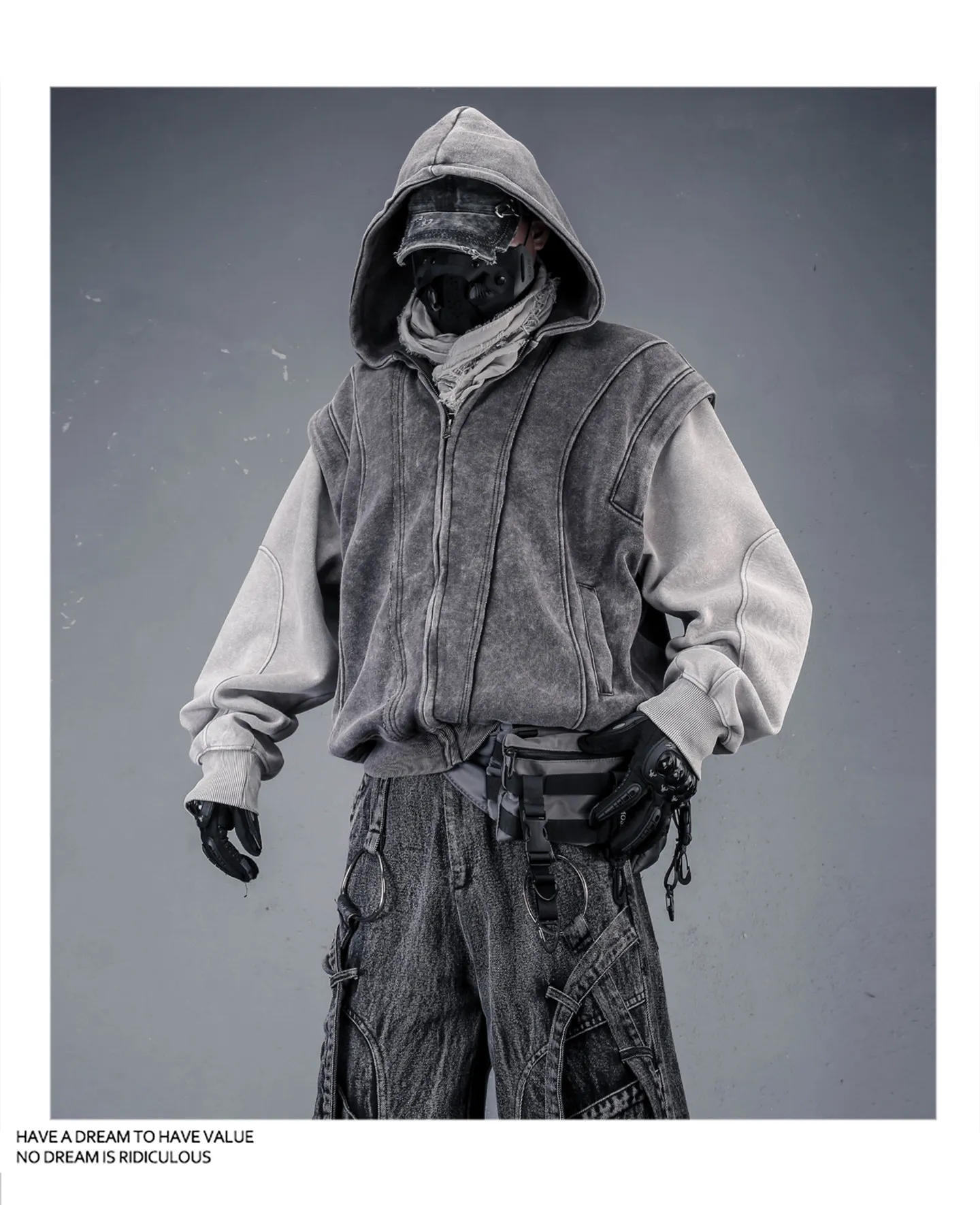 Washed Distressed Fake Two Piece Patchwork Punk Vintage Hoodies Man Techwear Gothic Zip Up Hoodie Street Wear