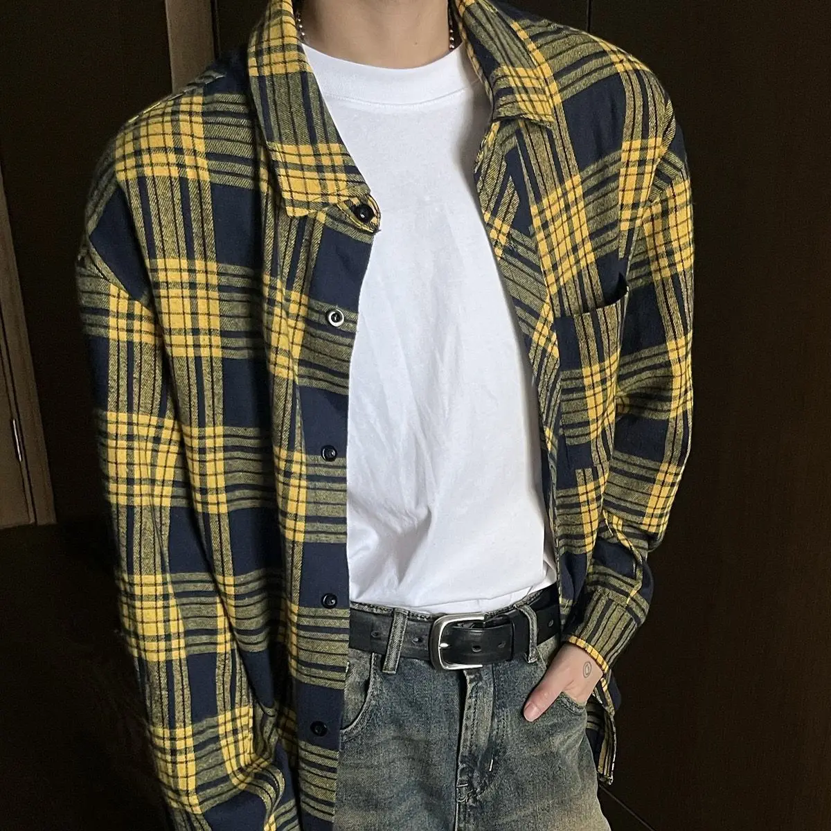 대형 사이즈 남성용 체크무늬 긴 소매 가을 겨울 빈티지 한국 스타일 패션 아우터웨어 통기성 면 폴리에스터