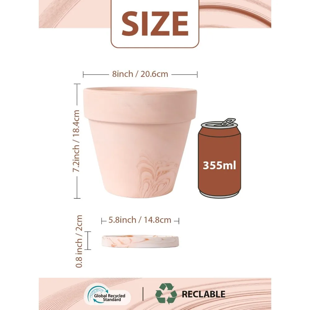 

8-дюймовые терракотовые горшки для растений, набор из 2 блюдец, дышащие глиняные цветочные горшки для суккулентов, трав, домашнего и наружного декора сада