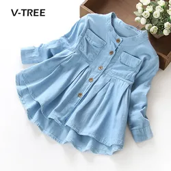 V-TREE girls dress 2-10 years teenage girls denim dress kids spring long sleeve A-line dress children baby clothes