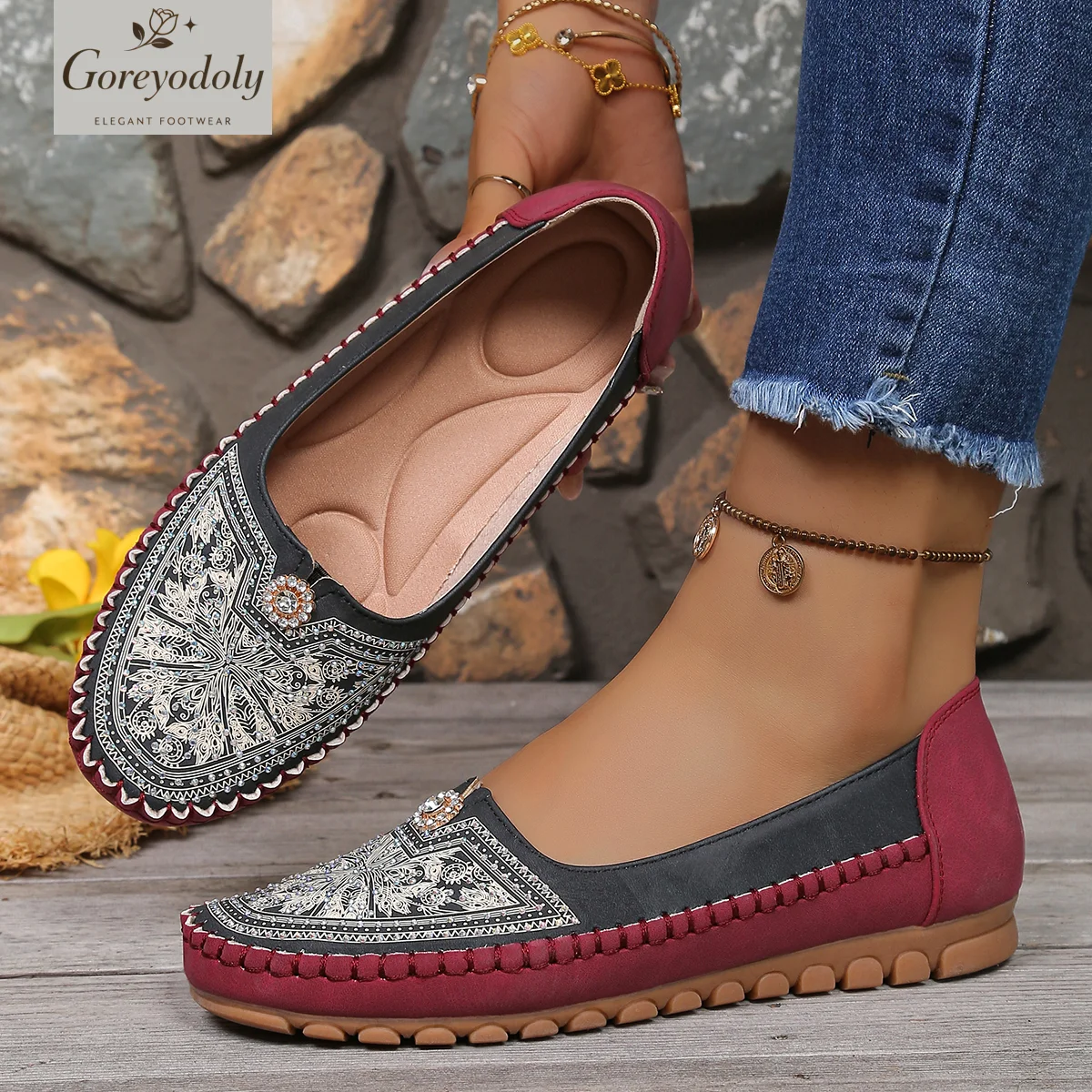goreyodoly Women Slip On Loafers Wide Fit Comfortable Flats Lightweight Breathable Colorblock Shoes Round Rhinestone Detail