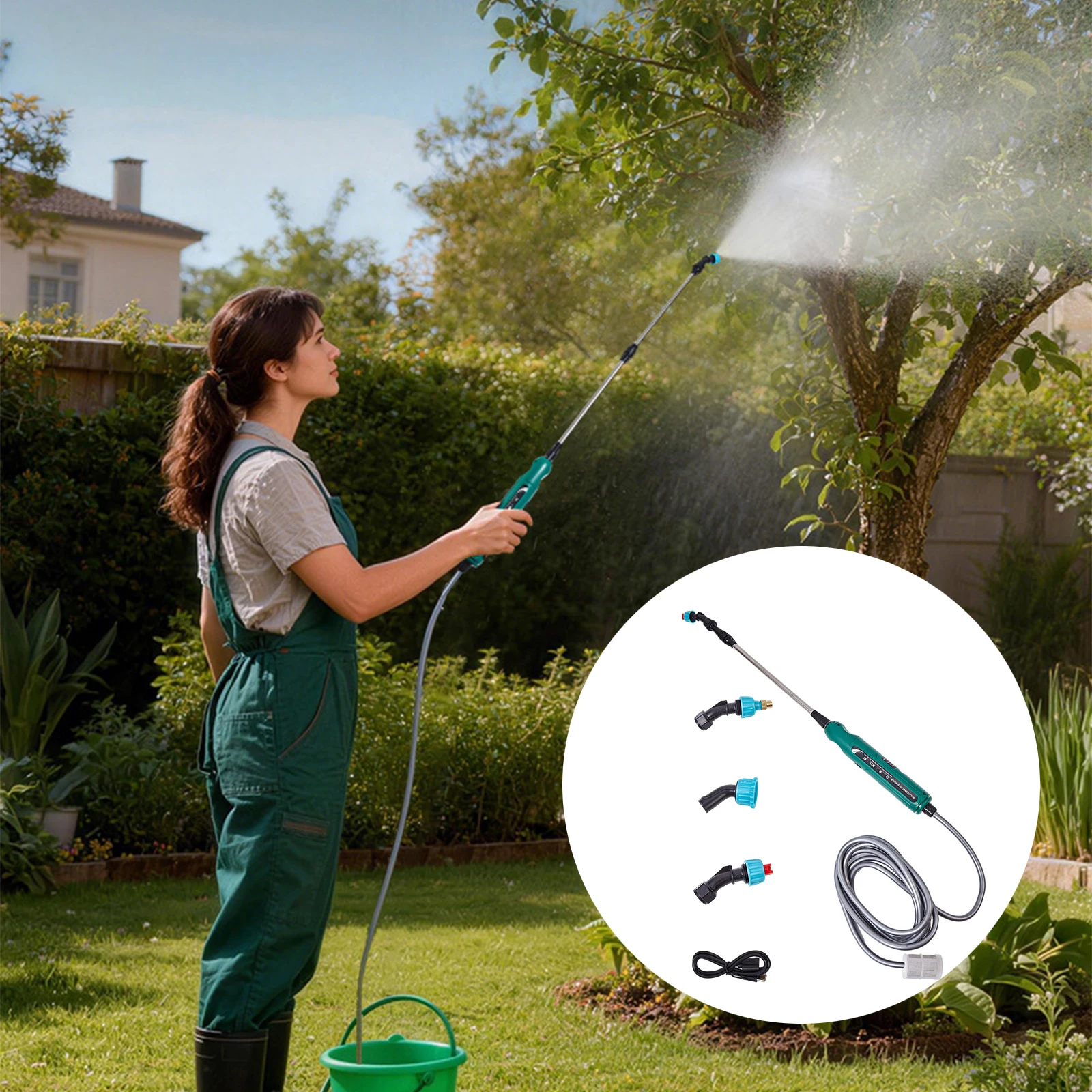 

31-дюймовая аккумуляторная распылительная насадка с шлангом и 3 насадками-распылителями для полива газонов и садовых растений