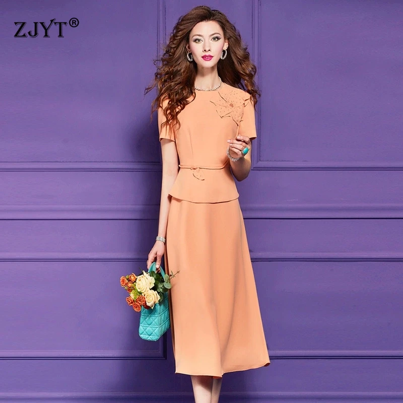 

ZJYT Elegant Chic Women's Beading Floral Summer Midi Dresses Short Sleeve Ruffles Patchwork One Piece Party Plus Size Dress Lady
