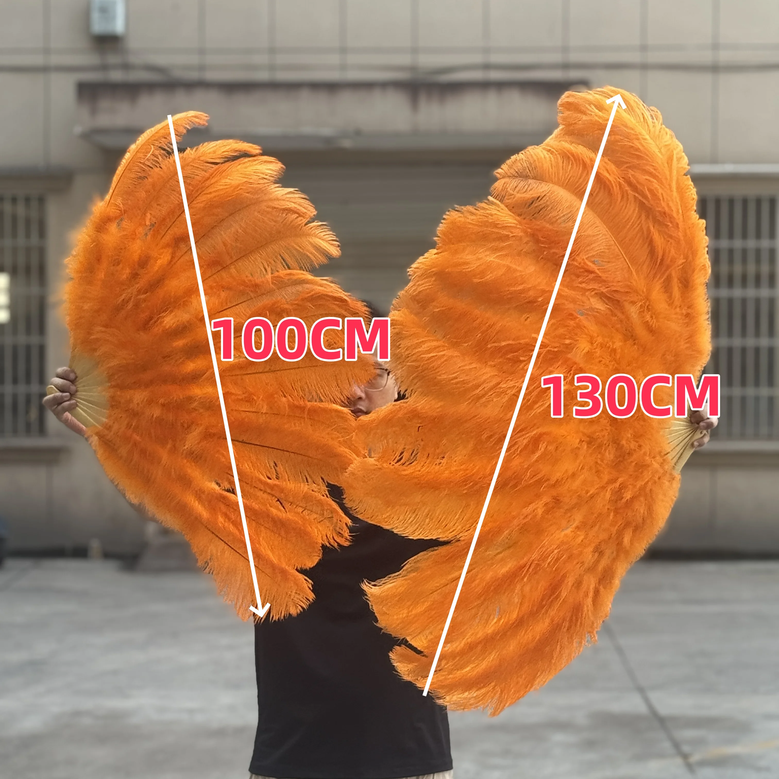 

1Pair Natural Fluffy Ostrich Feather Fan 100 130CM Left Hand Right Hand Fan 13 Bone Handheld for Stage Performance Prop Orange