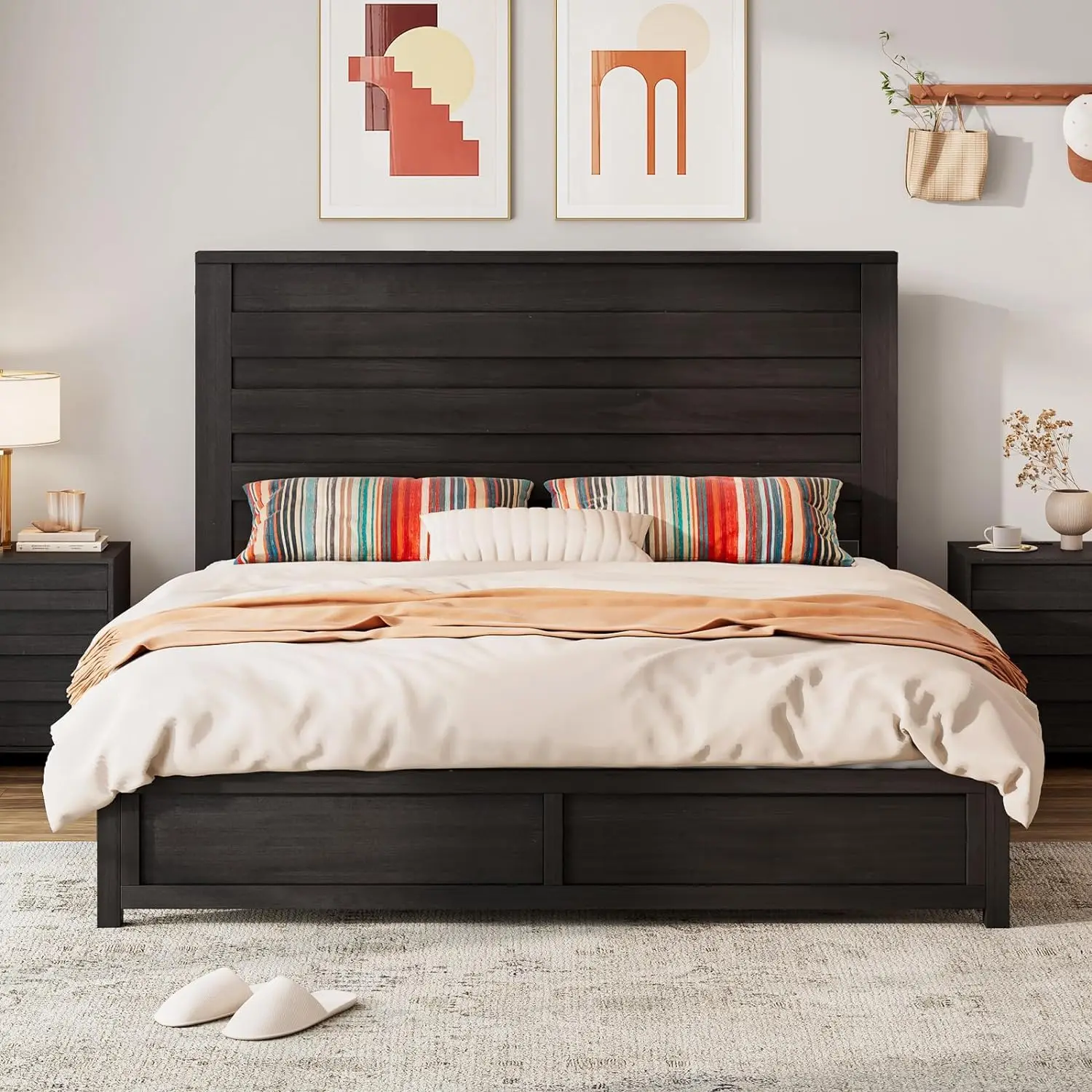 2 Pcs Bedroom Furniture Sets - Includes 1 X Farmhouse 5 Drawers Dresser, 1X Farmhouse Full Size Bed Frame with 49