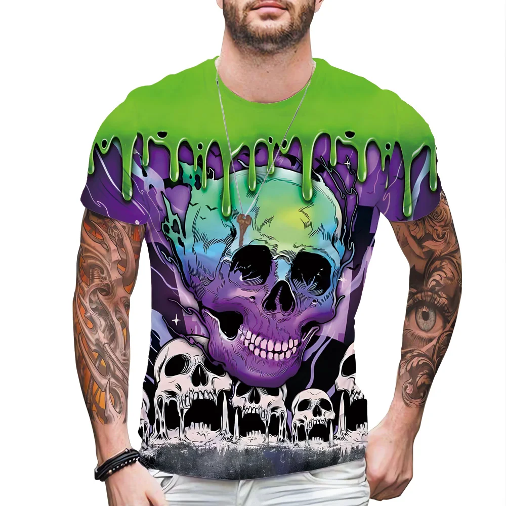 3D All-over Print Skull T-shirt Short sleeve Pullover Regular Edition Interest Personality Hole Printed Men's Halloween Clothing