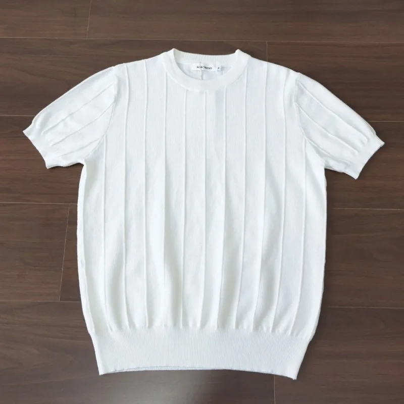 Short-sleeved Round Neck T-shirt Summer Men's Solid Color Wheat Ear Jacquard Knitted Slim T-shirt