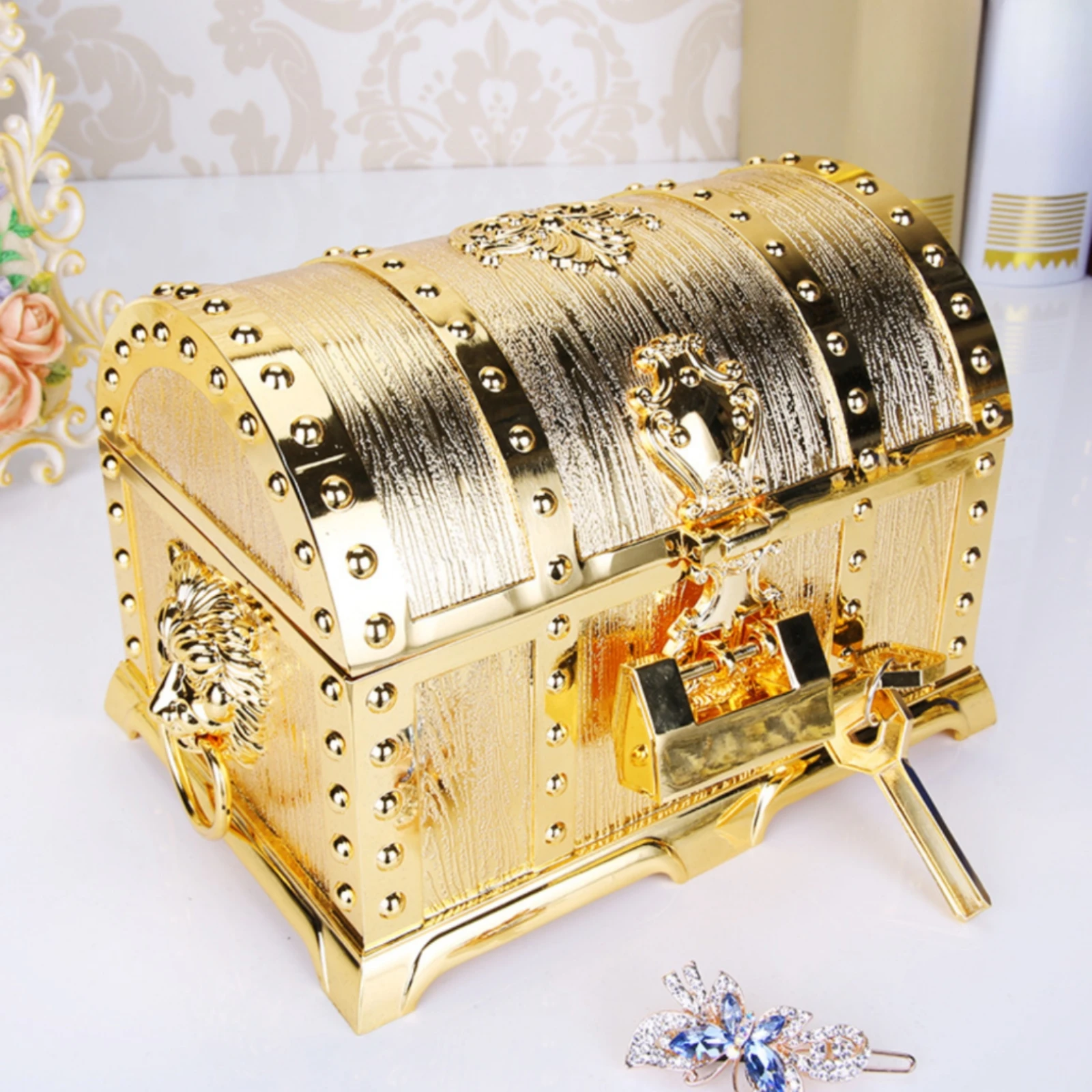 Jewelry Box with Lock Vintage Jewelry Chest Treasure Box with Lock Lockable Decorative for Women, Dresser, Vanity