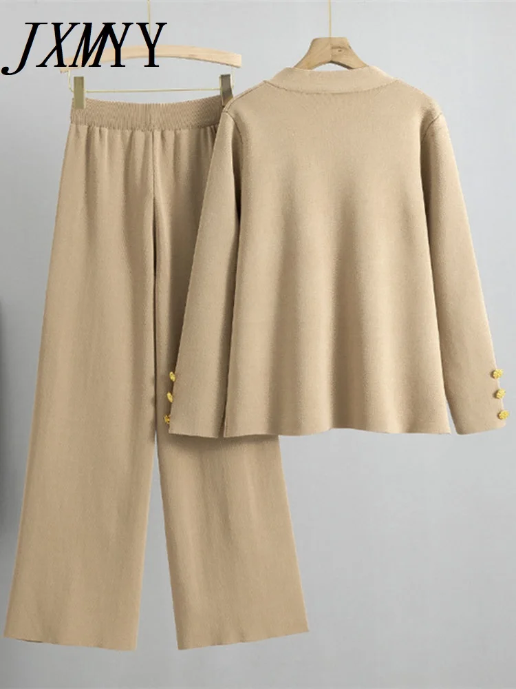 JXMYY Fashionable Cuffs And Large Gold-Mouth Sweater For Women 2024 Autumn And Winter New Wide-Leg Knitted Two-Piece Set