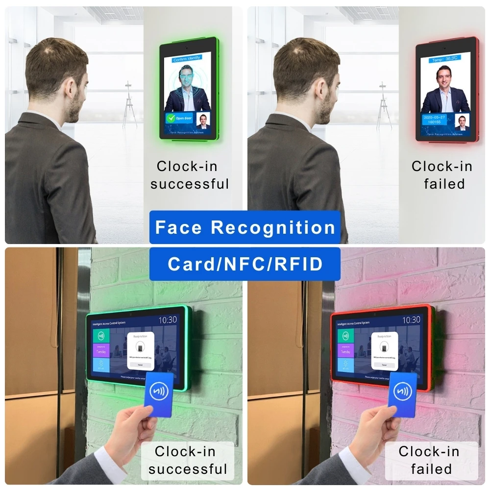 8 Inch Plastic Screen Display Digital NFC POE Charging RJ45 RFID LED Light Bar 5MP Camera Biometric Time Clock With Animation