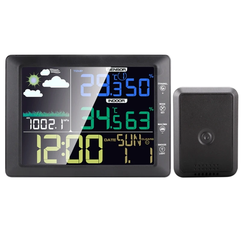 Colorful Big LCD Wireless Weather Station Touch Key Home Thermometer Hygrometer Barometer Backlight Sound Control -40-60 Degree