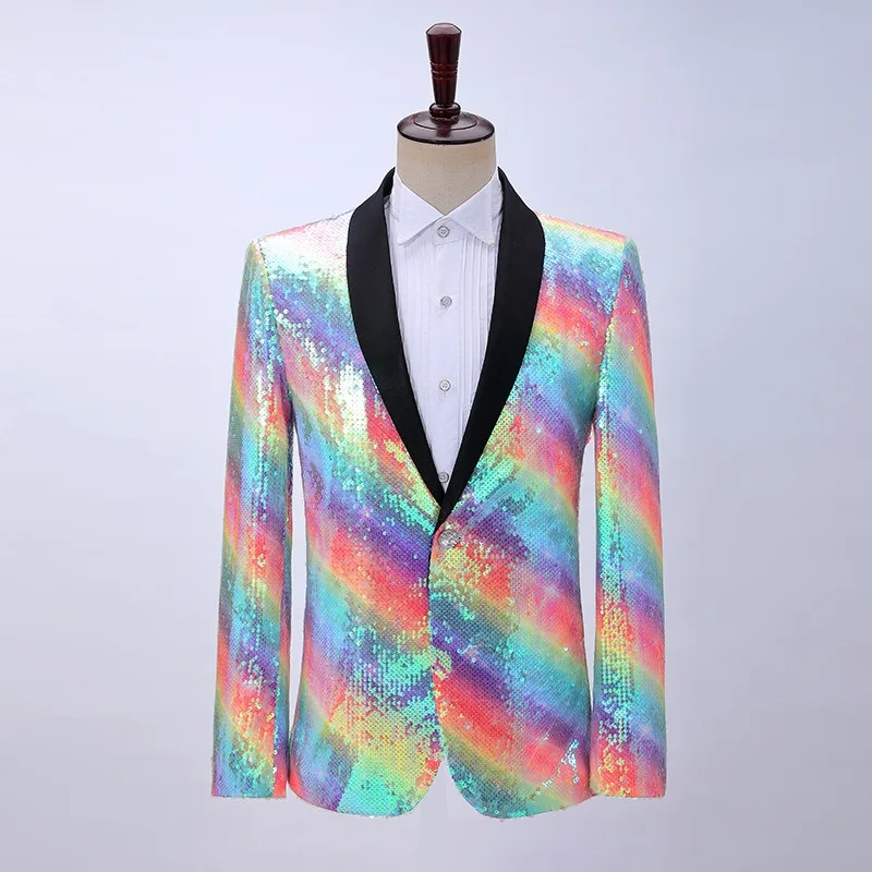 

Men's Rainbow Sequin Suit Jacket, Colorful Striped Stage Performance Dress, Nightclub DJ Singer Host Sparkling Party Jacket