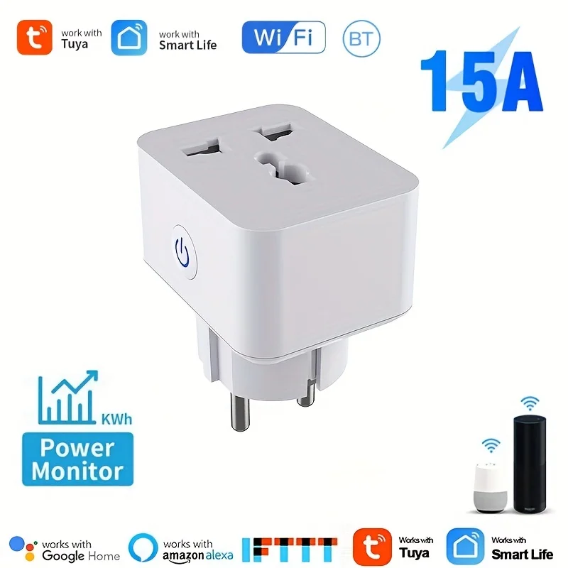 

15A WIFI Smart EU Plug Tuya Multifunctional Timing Conversion Socket With Power Monitor App Voice Control Alexa Google Home