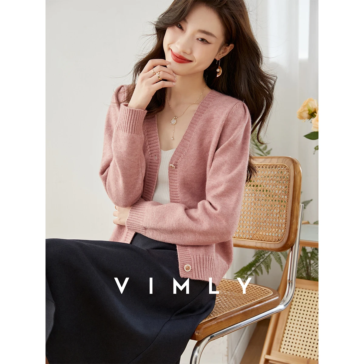 VIMLY Women's Pink V-neck Cardigan 2026 Fall New French Elegant Sweaters Sweet Fashion Long Sleeve Knitted Tops Female 72508 view 2