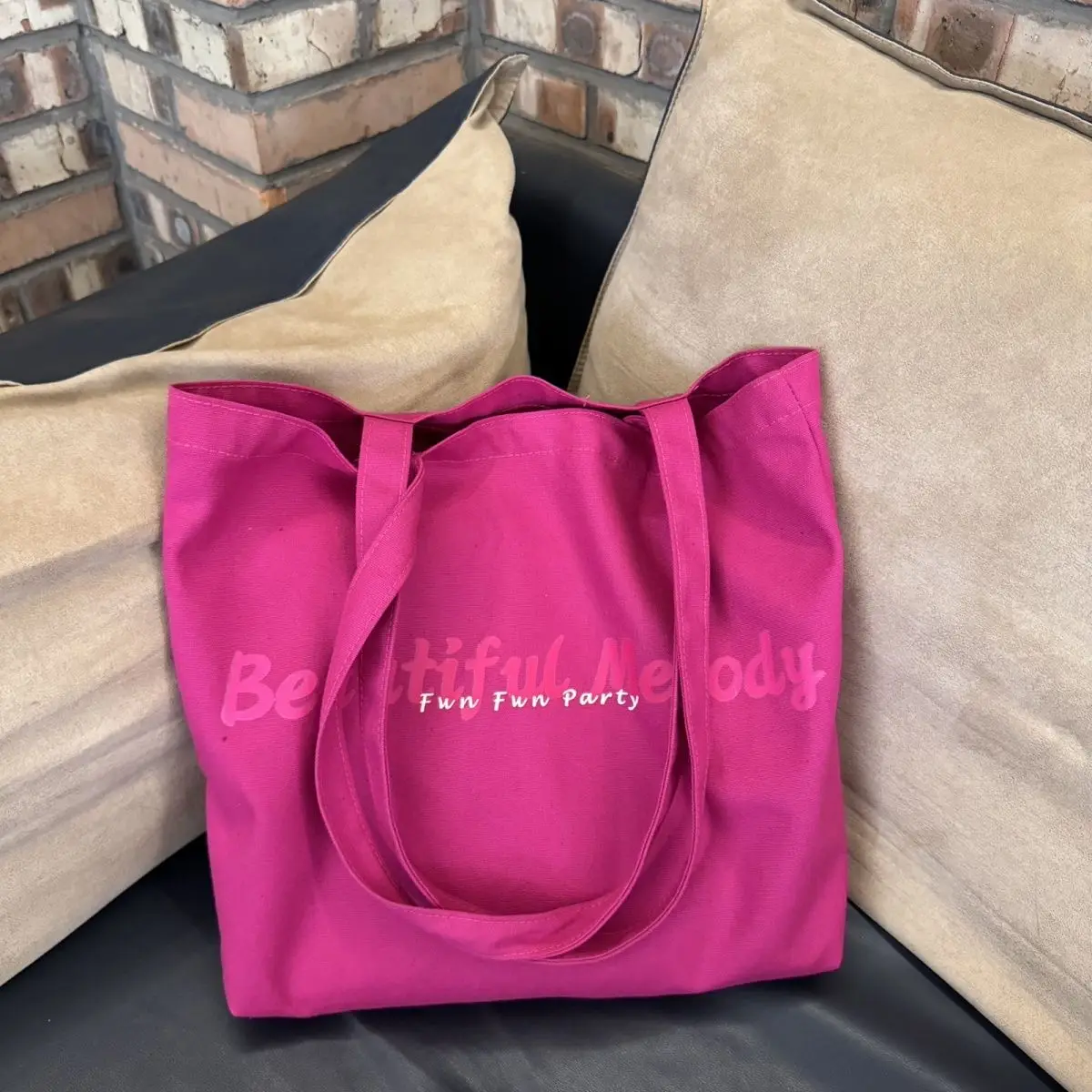 Versatile Simple One-shoulder Pink Letter Canvas Shopping Bag for Women with Large Capacity for Portable Shopping Storage