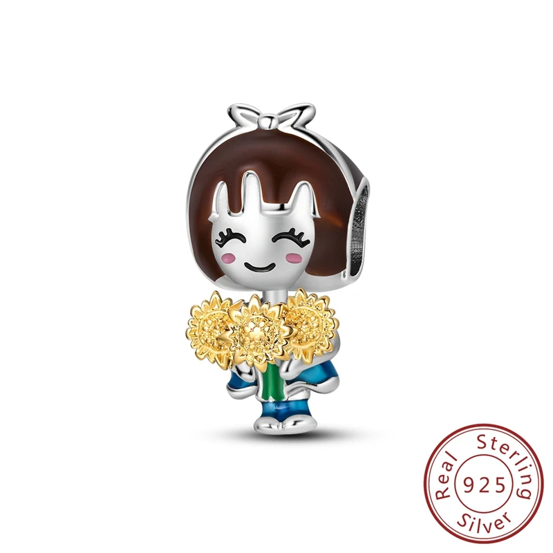 

Подвески, оригинальные стерлингового серебра 925 пробы, обнимающие девушку, желтые бусины в виде подсолнуха, подходят для браслета, женские украшения, сделай сам, изысканный подарок, аксессуар