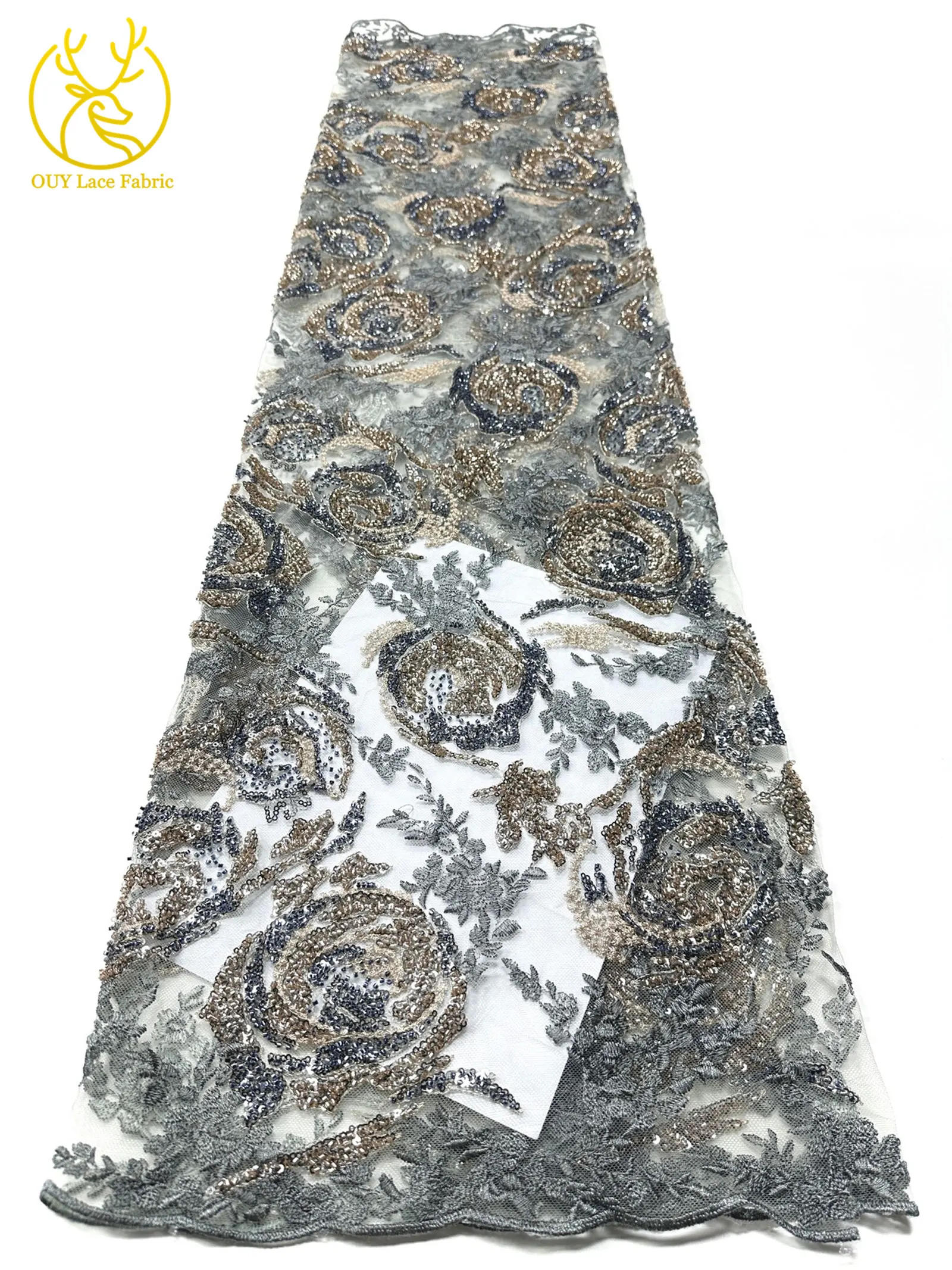 Modisches Kleid mit Stickerei, Spitze und Pailletten, Afrikanischer Spitzenstoff 2026, Rosa Französische Perlen-Spitze, Nigerianisches Partykleid, Nähzubehör 5Y – Detail 9