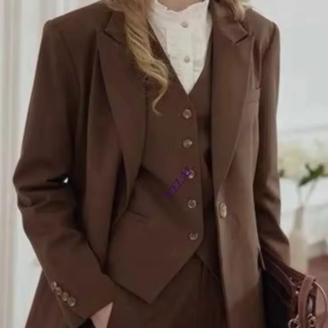 CustomizedCharming Brown Suits for Women 3 Pieces Female Clothing Formal Office Banquet Lady's Blazers Sets (Jacket+ Pants+ Vest